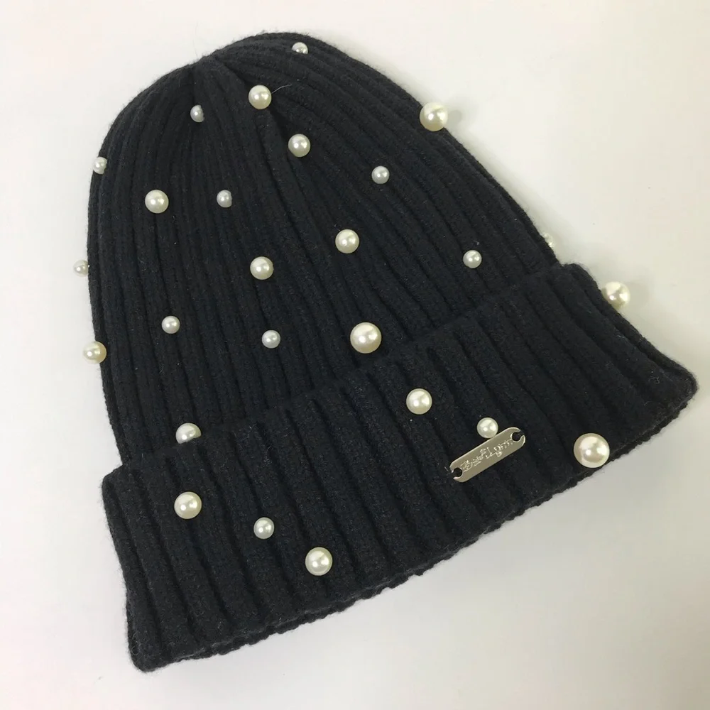 BARI LYNN Black Knit Beanie NEW Knit Hat With Faux Pearls